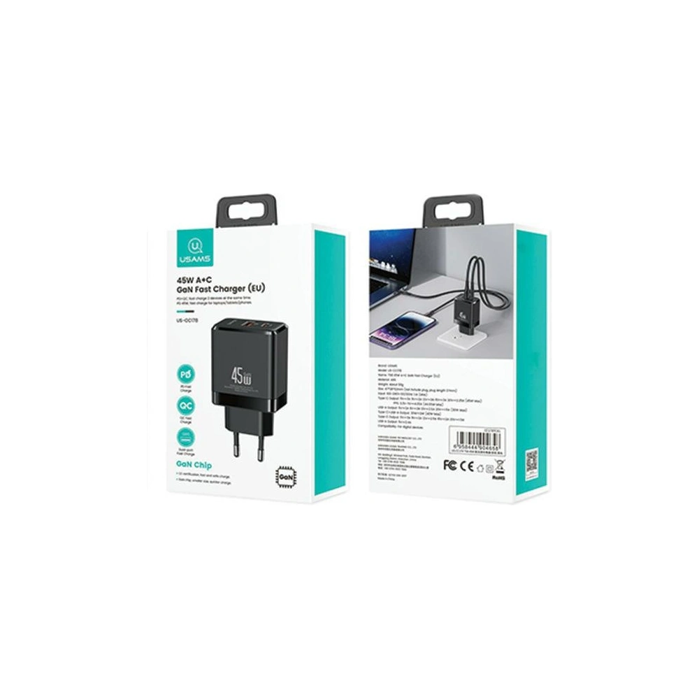 Wholesale USAMS CC178TC01 wall charger 1xUSB-C+1xUSB-A 45W GaN PD+QC Fast Charging black - USA1002 - {ean13} - Hurt
