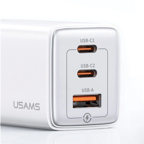 Ładowarka sieciowa USAMS CC180TC02 2xUSB-C+1xUSB-A 65W GaN PD+QC Fast Charging biały/white Sandru Series
