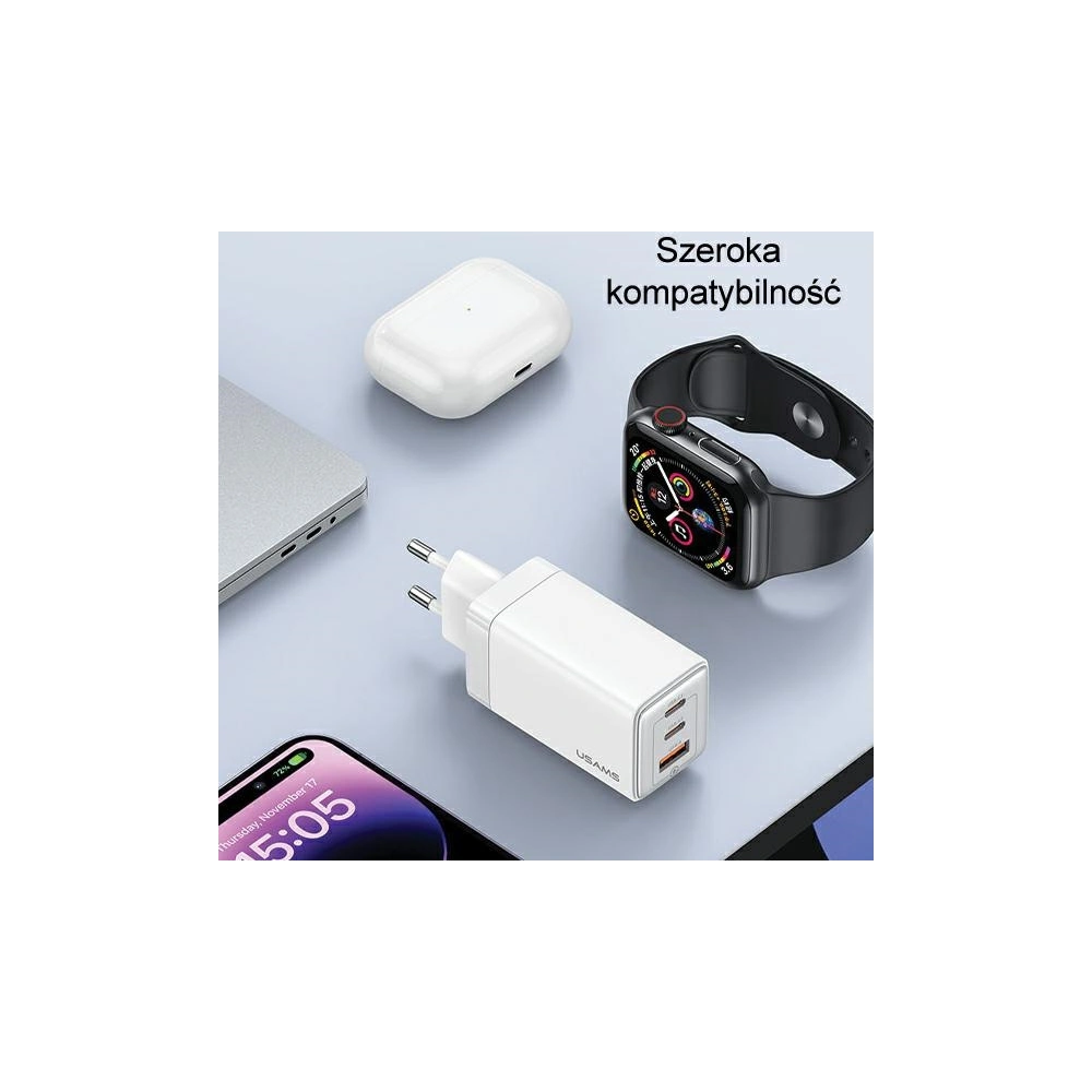 Hurtownia GSM - USAMS CC180TC02 Netzteil 2xUSB-C + 1xUSB-A 65W GaN PD + QC Schnellladung weiß/Sandru-Serie - USA1003 - {ean13} - Hurt