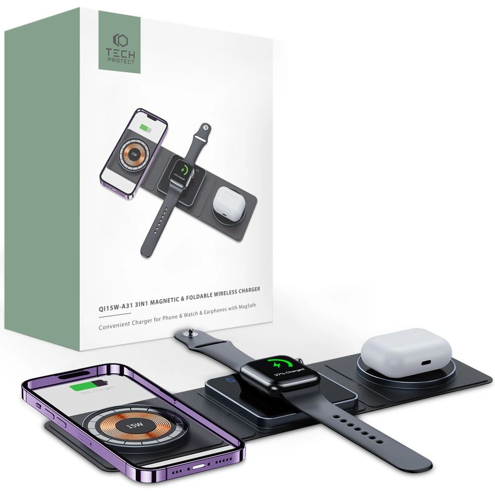 Hurtownia GSM - Indukční nabíječka Tech-Protect QI15W-A31 3w1 Magnetic MagSafe černá - THP2260 - {ean13} - Hurt