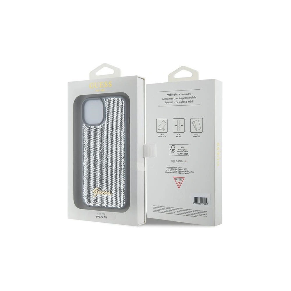 Hurtownia GSM - Etui Guess GUHCP15SPSFDGSS Apple iPhone 15 hardcase Sequin Script Metal srebrny/silver - GUE2850 - {ean13} - Hurt