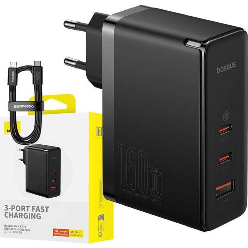 Baseus Distributor - 6932172635046 - BSU4575 - Baseus CCGANG160CE GaN5 Pro USB-A + 2xUSB-C PD 160W power charger (black) - B2B homescreen