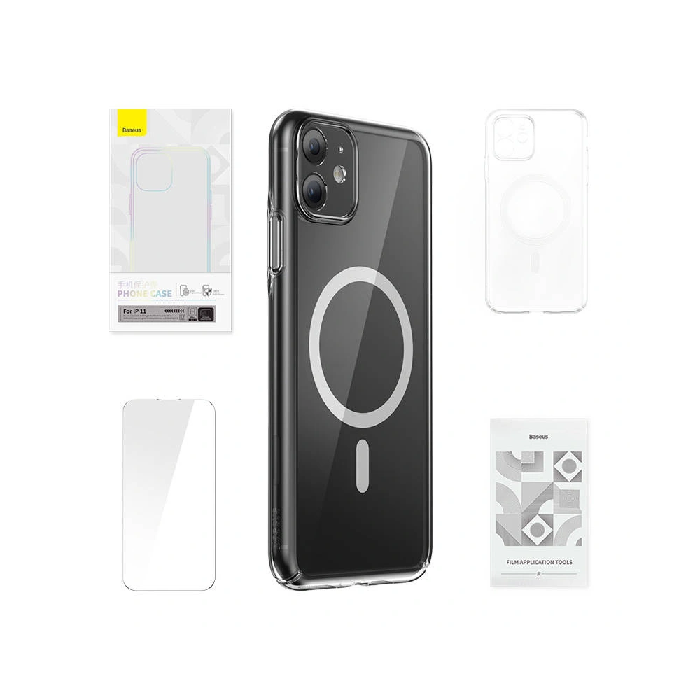 Case Baseus Magnetic Crystal Clear Apple iPhone 11 (transparent) + gehärtetes Glas + Reinigungsset