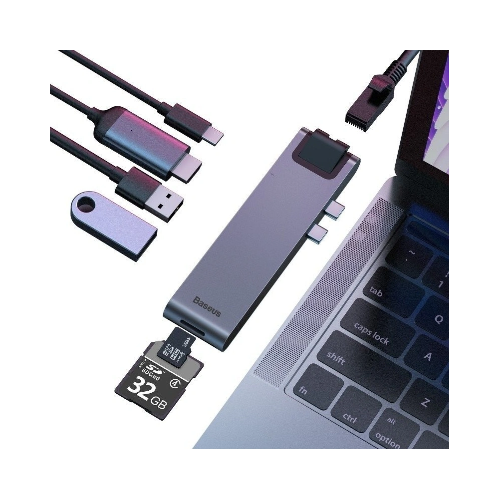 Hurtownia GSM - Hub Adapter 7w1 Baseus pro MacBook Pro 2016/2017/2018 USB 3.0 x2, USB-C, HDMI, SD, microSD, Ethernet RJ45 - BSU364 - {ean13} - Hurt
