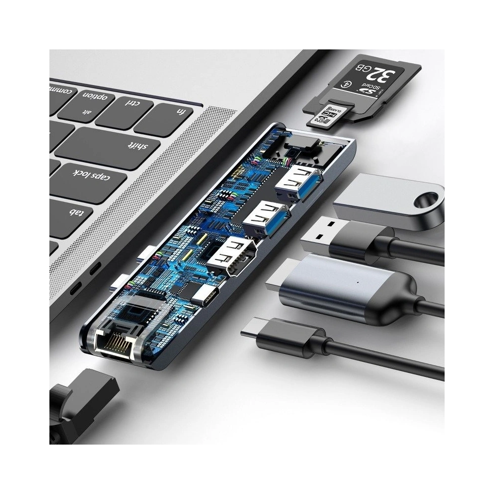 Hurtownia GSM - Hub Adapter 7w1 Baseus pro MacBook Pro 2016/2017/2018 USB 3.0 x2, USB-C, HDMI, SD, microSD, Ethernet RJ45 - BSU364 - {ean13} - Hurt
