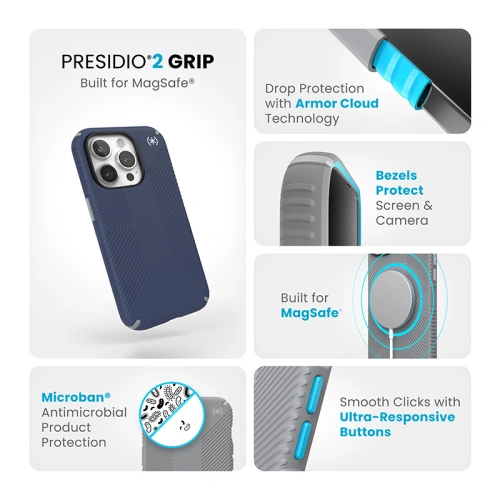 Etui Speck Presidio2 Grip MagSafe Apple iPhone 15 Pro (Coastal Blue/Dustgrey/White)