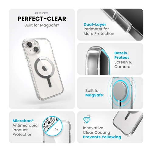 Etui Speck Presidio Perfect-Clear MagSafe Apple iPhone 15 (Clear/Chrome Finish/Serene Silver)