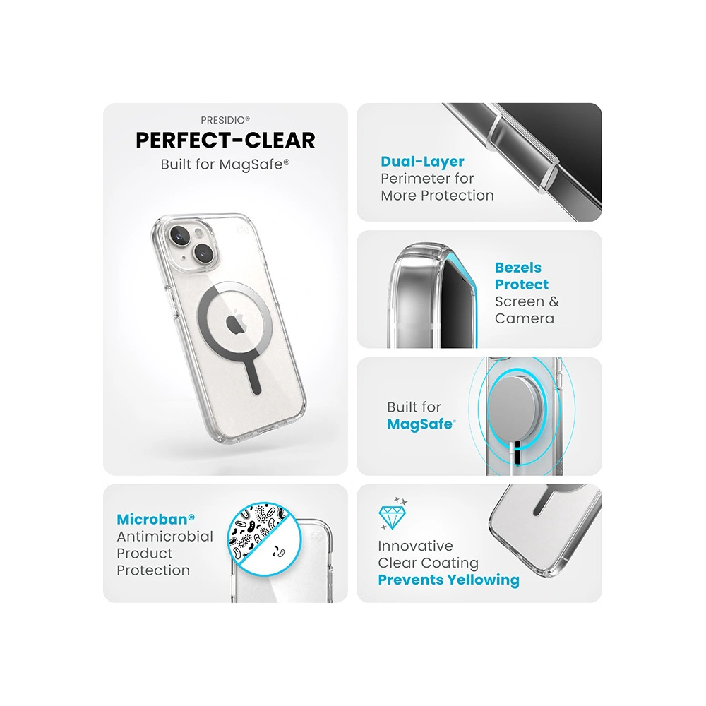 Hurtownia GSM - Etui Speck Presidio Perfect-Clear MagSafe Apple iPhone 15 (Čiré/Chromové provedení/Sereně stříbrné) - SPK522 - {ean13} - Hurt