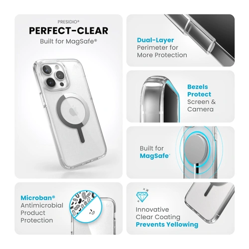Etui Speck Presidio Perfect-Clear MagSafe Apple iPhone 15 Pro (Clear/Chrome Finish/Serene Silver)