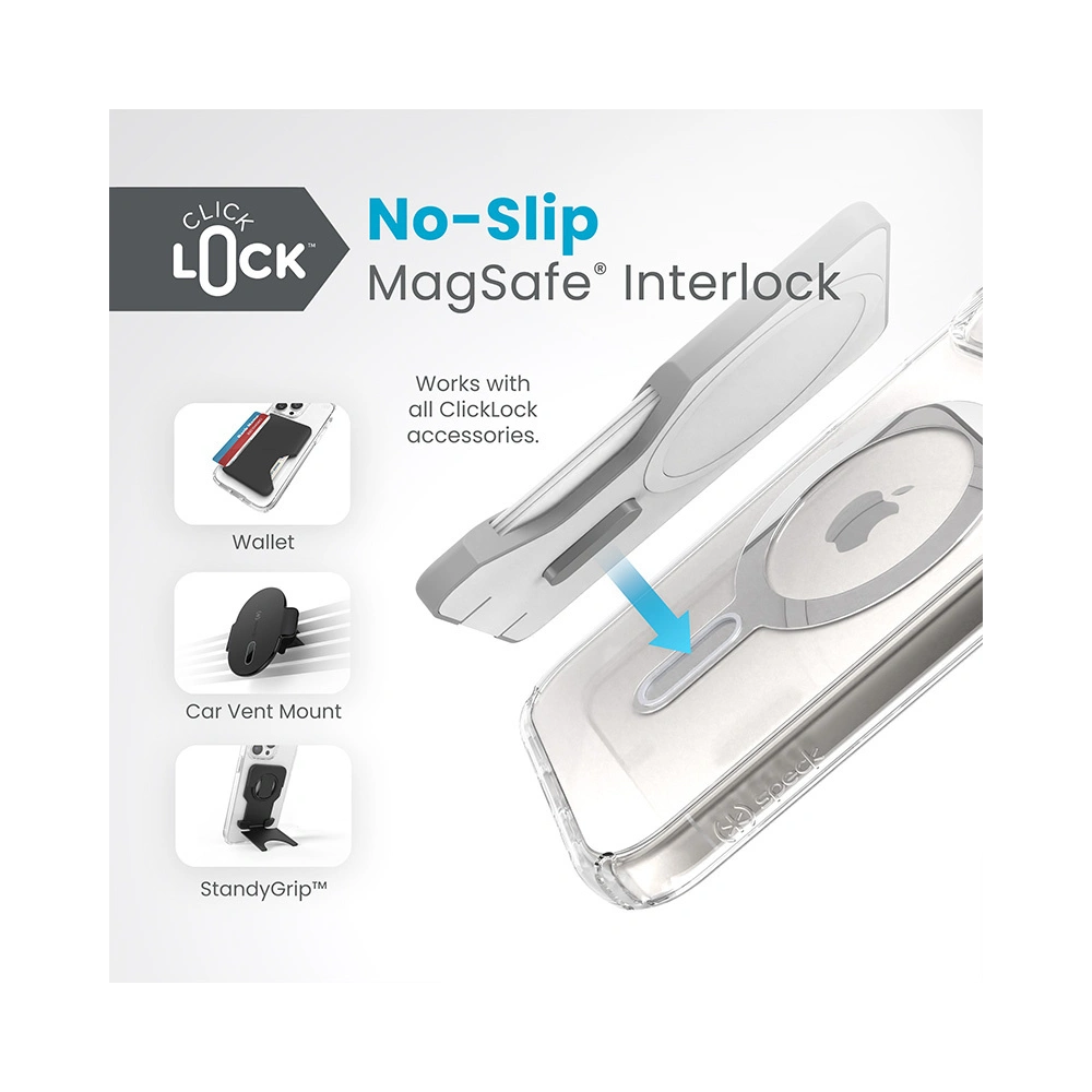 Hurtownia GSM - Etui Speck Presidio Perfect-Clear ClickLock MagSafe Apple iPhone 15 (Čiré/Chromové provedení/Sereně stříbrné) - SPK525 - {ean13} - Hurt