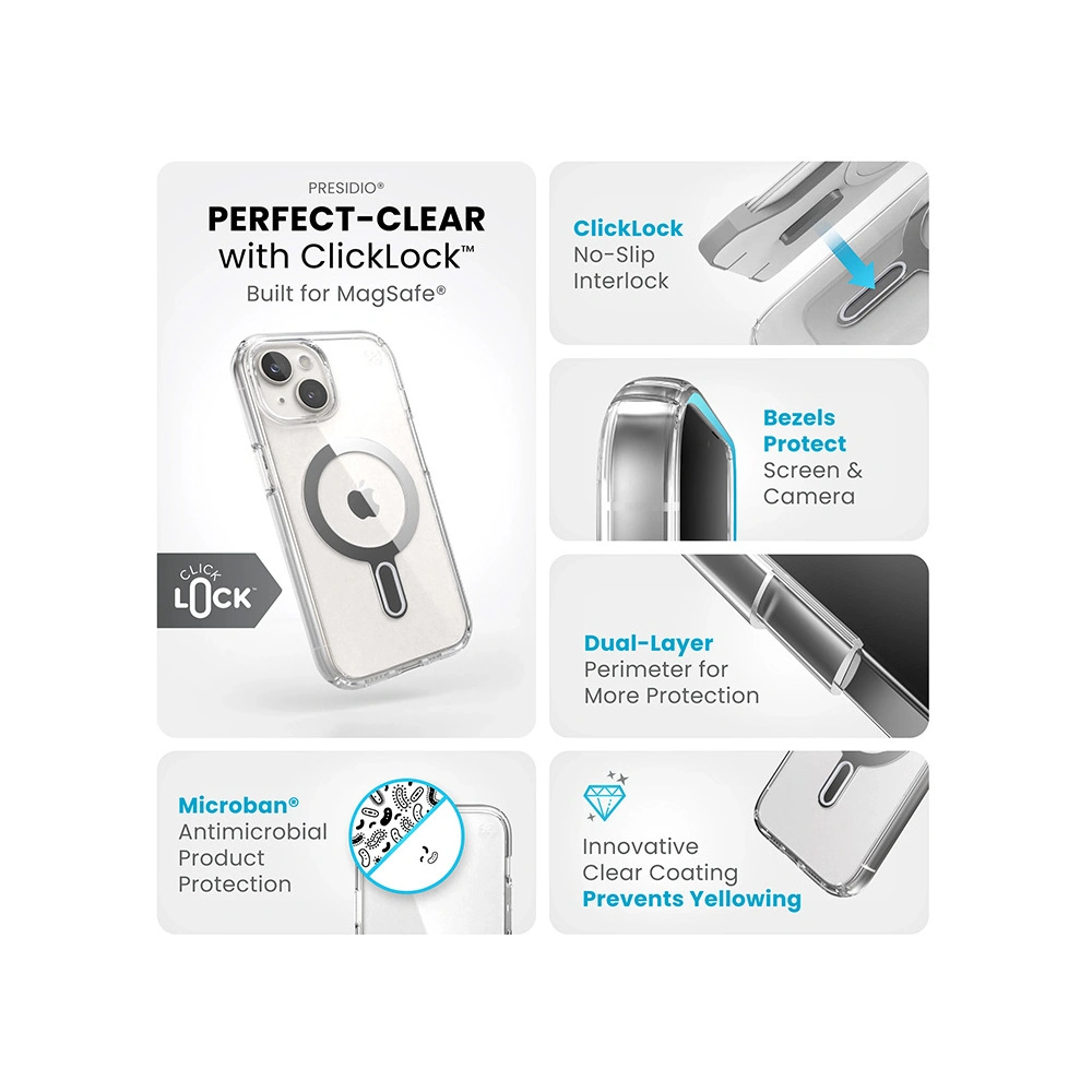 Wholesale Speck Presidio Perfect-Clear ClickLock MagSafe Apple iPhone 15 (Clear/Chrome Finish/Serene Silver) - SPK525 - {ean13} - Hurt