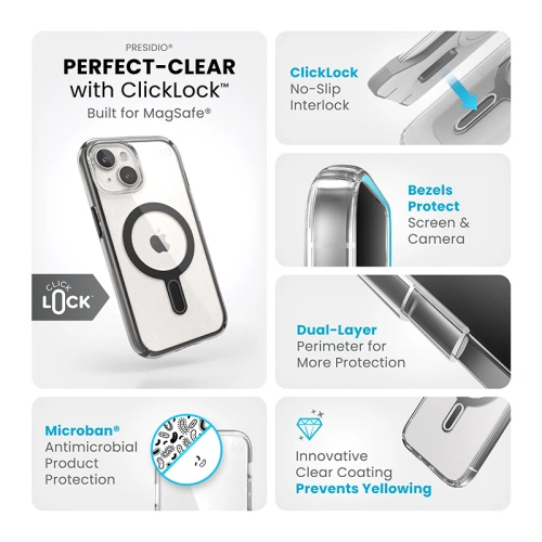 Etui Speck Presidio Perfect-Clear ClickLock MagSafe Apple iPhone 15 (Clear/Frosted Black/Slate Grey)