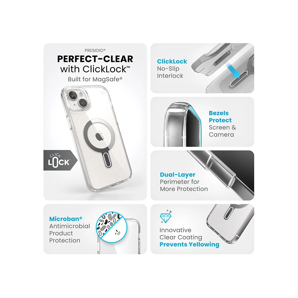 Hurtownia GSM - Case Speck Presidio Perfect-Clear ClickLock MagSafe Apple iPhone 15 Plus / 14 Plus (Klar/Chrom-Finish/Serene Silber) - SPK527 - {ean13} - Hurt