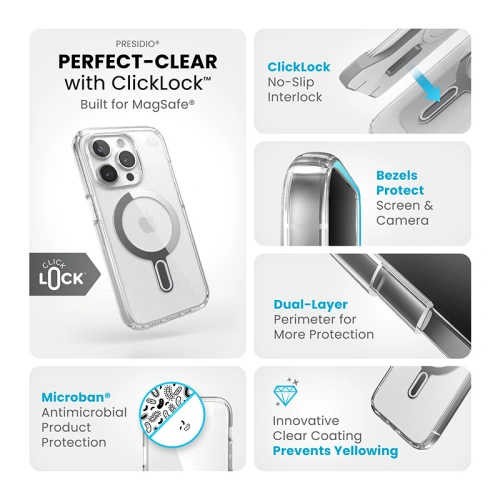 Etui Speck Presidio Perfect-Clear ClickLock MagSafe Apple iPhone 15 Pro (Clear/Chrome Finish/Serene Silver)
