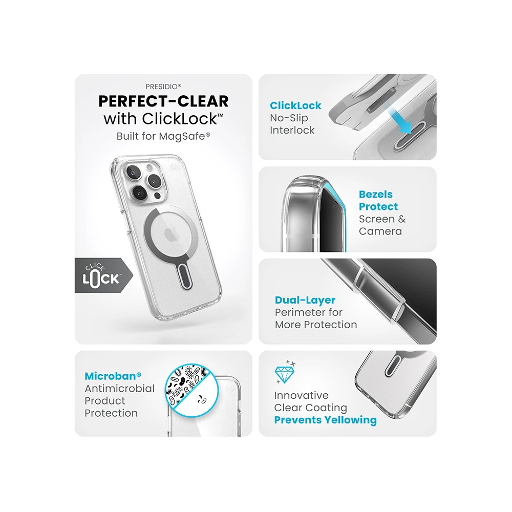 Hurtownia GSM - Etui Speck Presidio Perfect-Clear ClickLock MagSafe Apple iPhone 15 Pro (Čirý/Povrchová úprava chrom/Sereně stříbrný) - SPK528 - {ean13} - Hurt