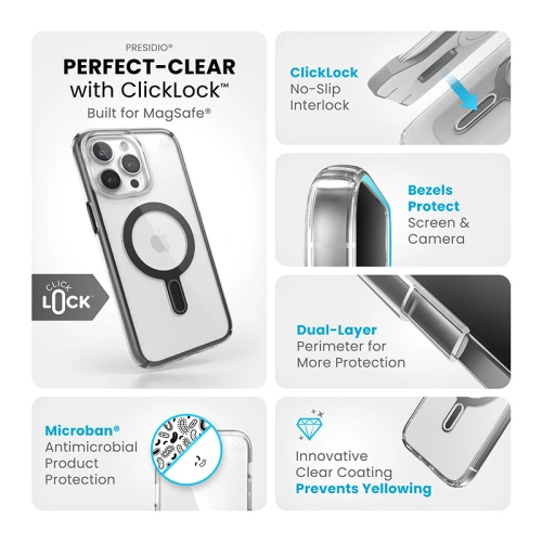 Etui Speck Presidio Perfect-Clear ClickLock MagSafe Apple iPhone 15 Pro Max (Clear/Frosted Black/Slate Grey)