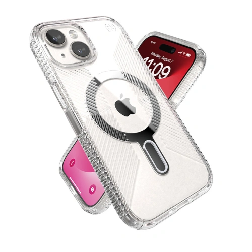 Etui Speck Presidio Perfect-Clear Grip ClickLock MagSafe Apple iPhone 15 (Clear/Chrome Finish/Serene Silver)