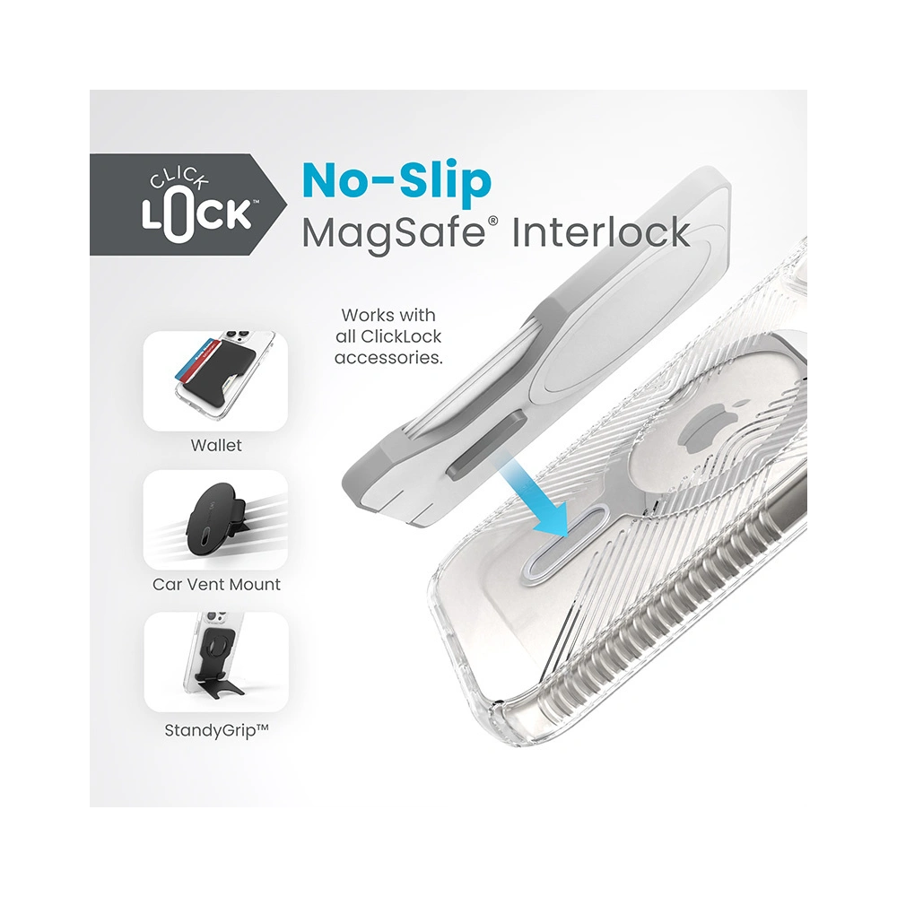 Hurtownia GSM - Etui Speck Presidio Perfect-Clear Grip ClickLock MagSafe Apple iPhone 15 (Průhledné/Chromové provedení/Serenová stříbrná) - SPK532 - {ean13} - Hurt