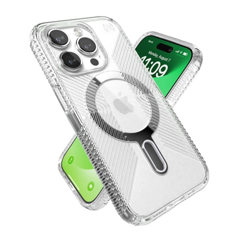 Etui Speck Presidio Perfect-Clear Grip ClickLock MagSafe Apple iPhone 15 Pro (Clear/Chrome Finish/Serene Silver)