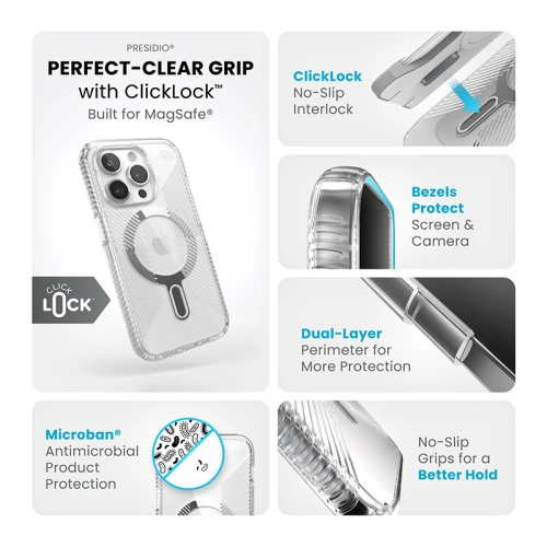 Etui Speck Presidio Perfect-Clear Grip ClickLock MagSafe Apple iPhone 15 Pro (Clear/Chrome Finish/Serene Silver)