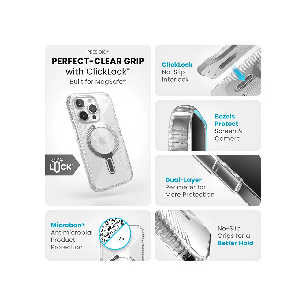 Wholesale Speck Presidio Perfect-Clear Grip ClickLock MagSafe Apple iPhone 15 Pro (Clear/Chrome Finish/Serene Silver) - SPK533 - {ean13} - Hurt