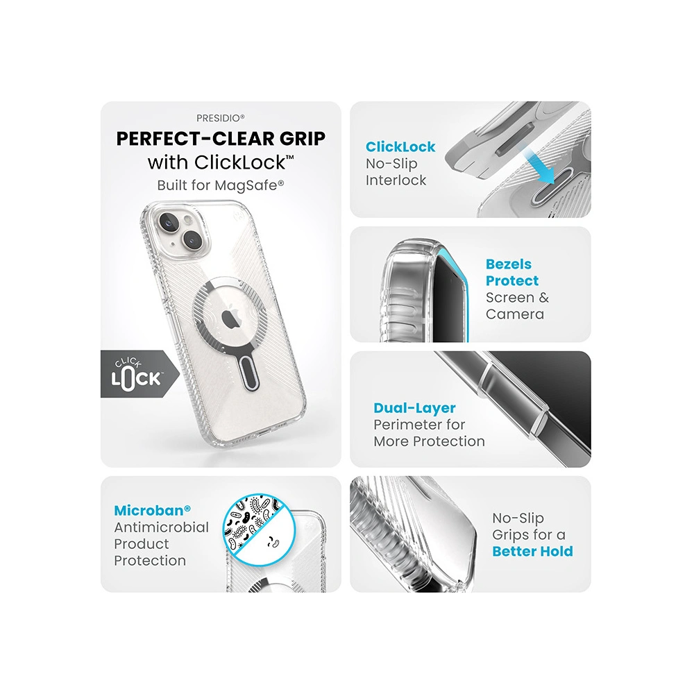 Hurtownia GSM - Etui Speck Presidio Perfect-Clear Grip ClickLock MagSafe Apple iPhone 15 Plus / 14 Plus (Transparent/Finisaj Cromat/Silver Seren) - SPK534 - {ean13} - Hurt