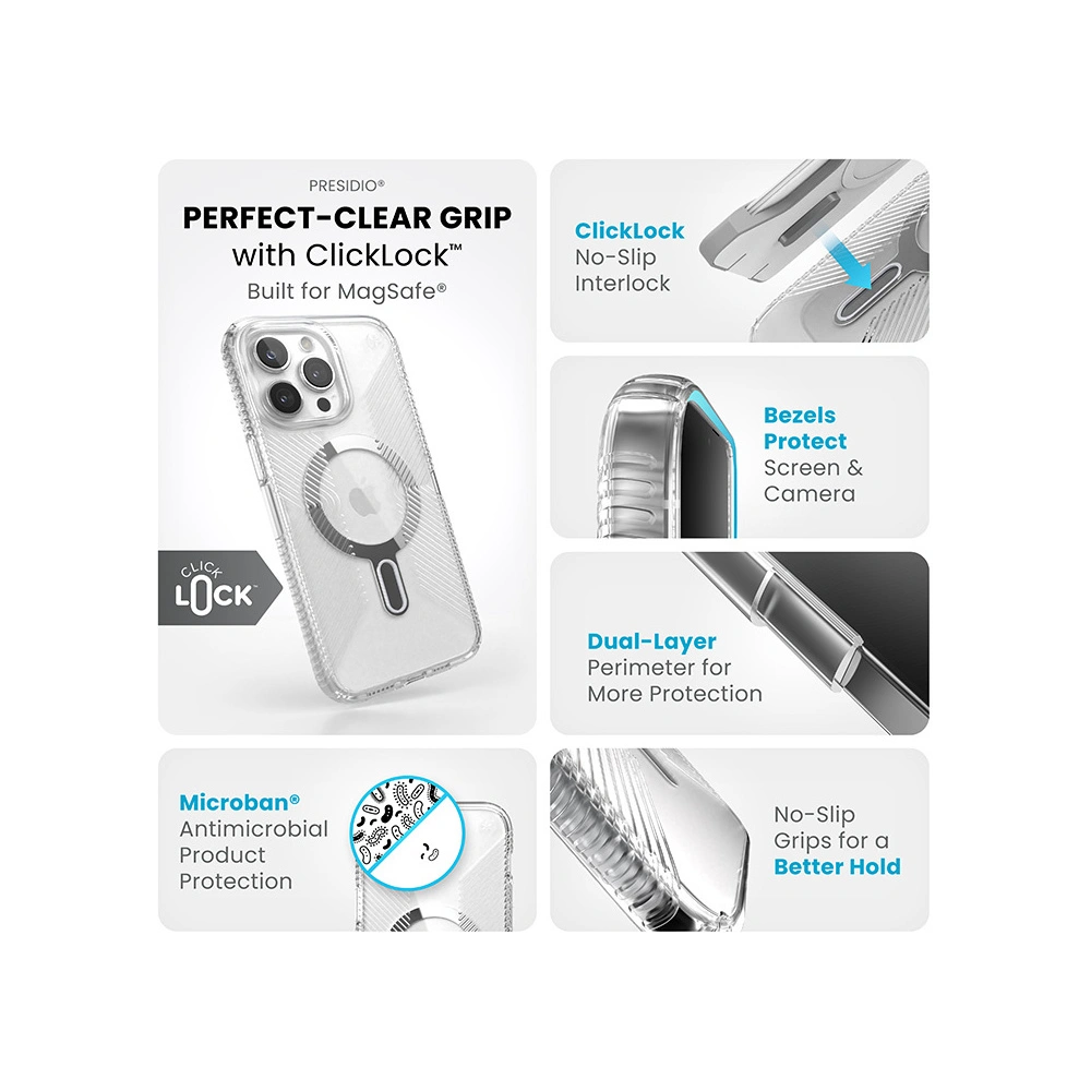 Wholesale Speck Presidio Perfect-Clear Grip ClickLock MagSafe Apple iPhone 15 Pro Max (Clear/Chrome Finish/Serene Silver) - SPK535 - {ean13} - Hurt