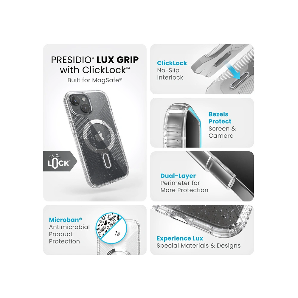 Wholesale Speck Presidio Lux Grip ClickLock MagSafe Apple iPhone 15 (Clear/Chrome Finish/Serene Silver) - SPK536 - {ean13} - Hurt
