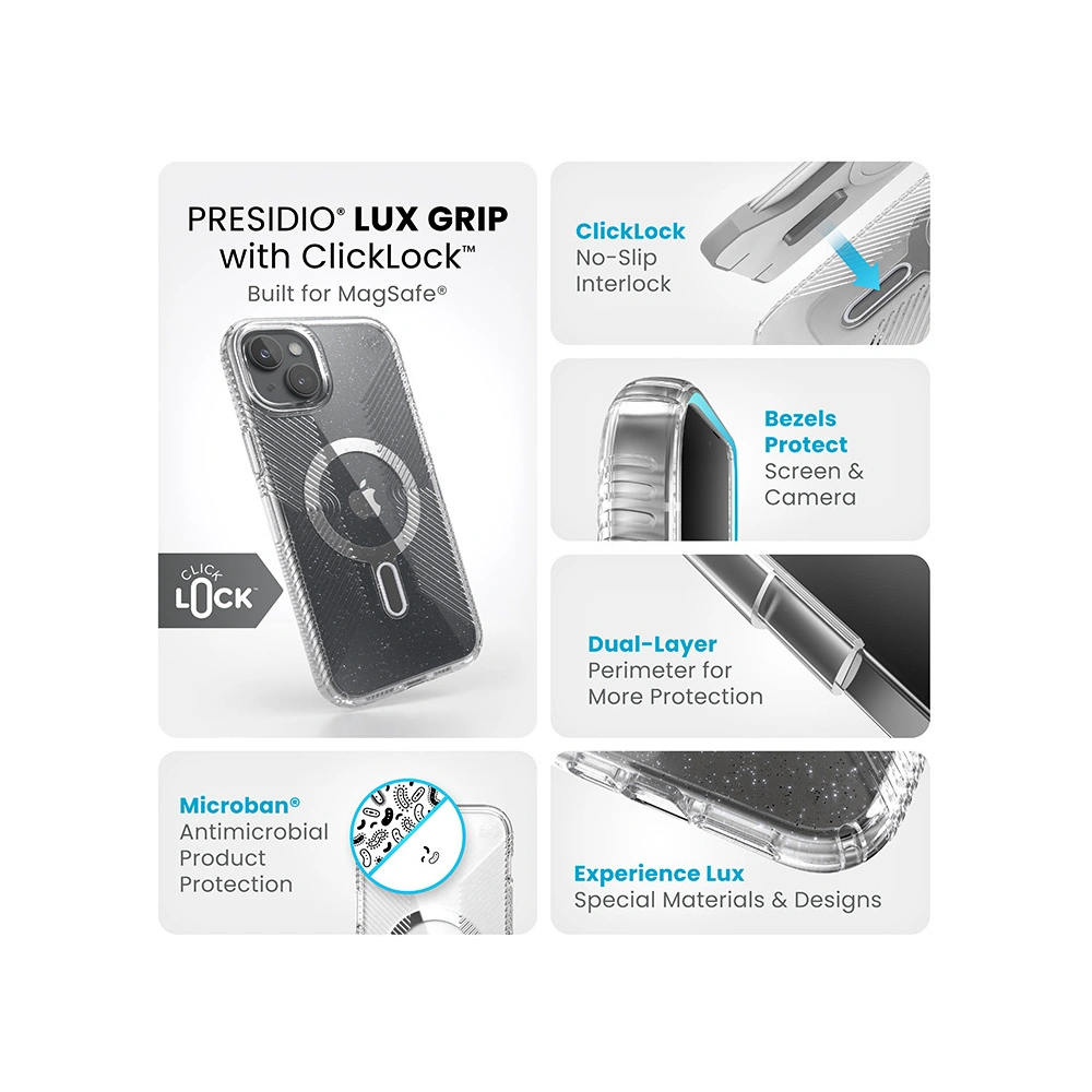 Hurtownia GSM - Etui Speck Presidio Lux Grip ClickLock MagSafe Apple iPhone 15 Plus / 14 Plus (Transparent/Finisaj Chrome/Silver Seren) - SPK538 - {ean13} - Hurt