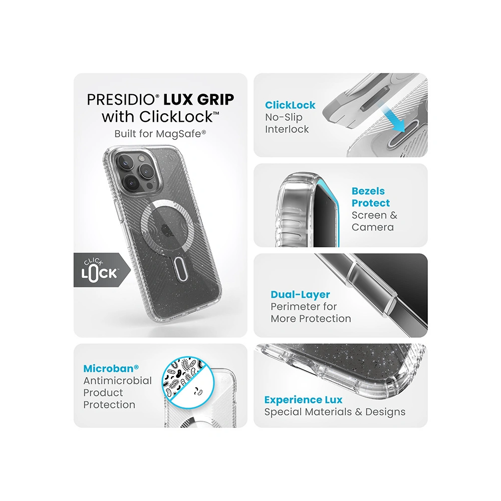 Wholesale Speck Presidio Lux Grip ClickLock MagSafe Apple iPhone 15 Pro Max (Clear/Chrome Finish/Serene Silver) - SPK539 - {ean13} - Hurt