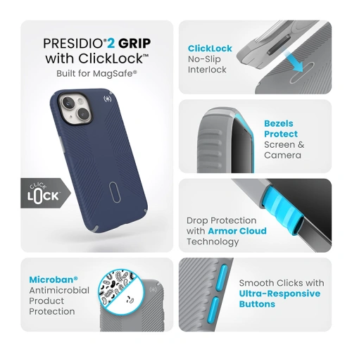 Etui Speck Presidio2 Grip ClickLock MagSafe Apple iPhone 15 (Coastal Blue/Dustgrey/White)