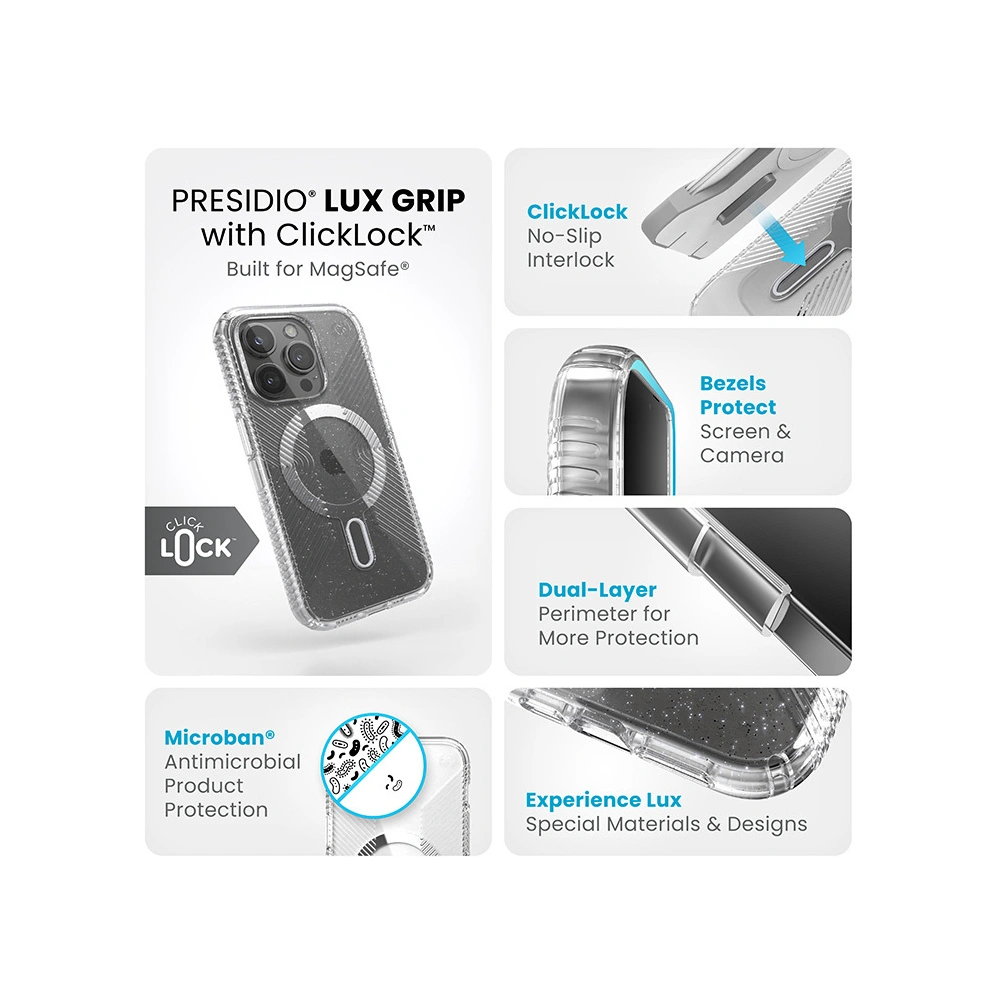 Wholesale Speck Presidio Lux Grip ClickLock MagSafe Apple iPhone 15 Pro (Clear/Chrome Finish/Serene Silver) - SPK556 - {ean13} - Hurt