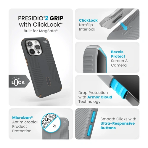 Etui Speck Presidio2 Grip ClickLock & MagSafe Apple iPhone 15 Pro (Charcoal Grey/Cool Bronze)