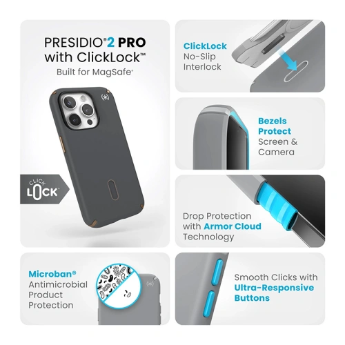 Etui Speck Presidio2 Pro ClickLock & MagSafe Apple iPhone 15 Pro (Charcoal Grey/Cool Bronze)