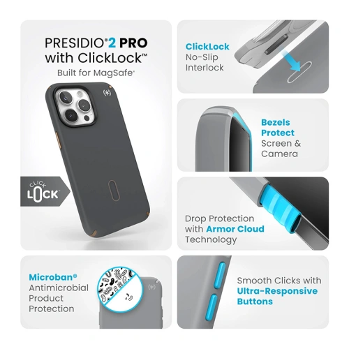 Etui Speck Presidio2 Pro ClickLock & MagSafe Apple iPhone 15 Pro Max (Charcoal Grey/Cool Bronze)