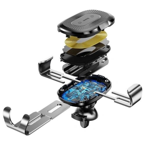 Samochodowy uchwyt grawitacyjny do kratki Baseus z ładowarką indukcyjną Qi (srebrny)