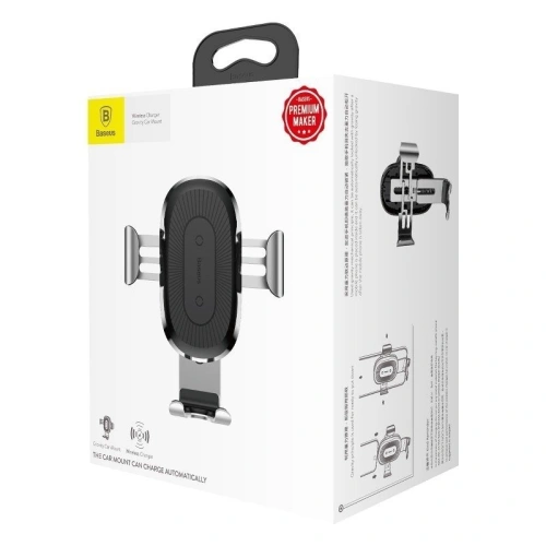 Samochodowy uchwyt grawitacyjny do kratki Baseus z ładowarką indukcyjną Qi (srebrny)