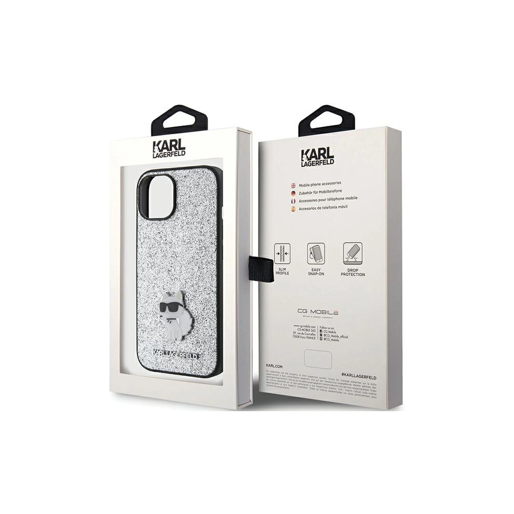 Etui Karl Lagerfeld KLHCP15SGCNPSG Apple iPhone 15 hardcase Fixed Glitter Choupette Logo Metal Pin argintiu/silver