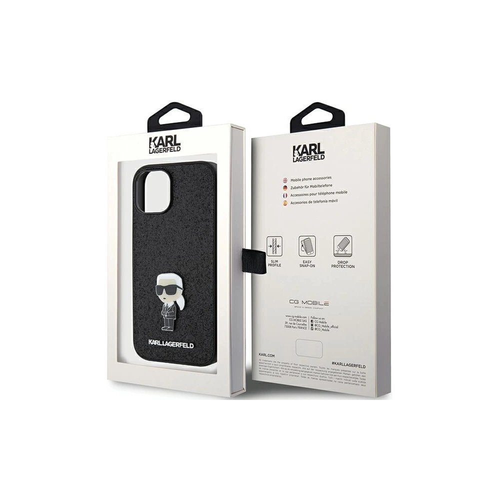 Case Karl Lagerfeld KLHCP15SGKNPSK Apple iPhone 15 Hartschale Fixed Glitter Ikonik Logo Metal Pin schwarz/black