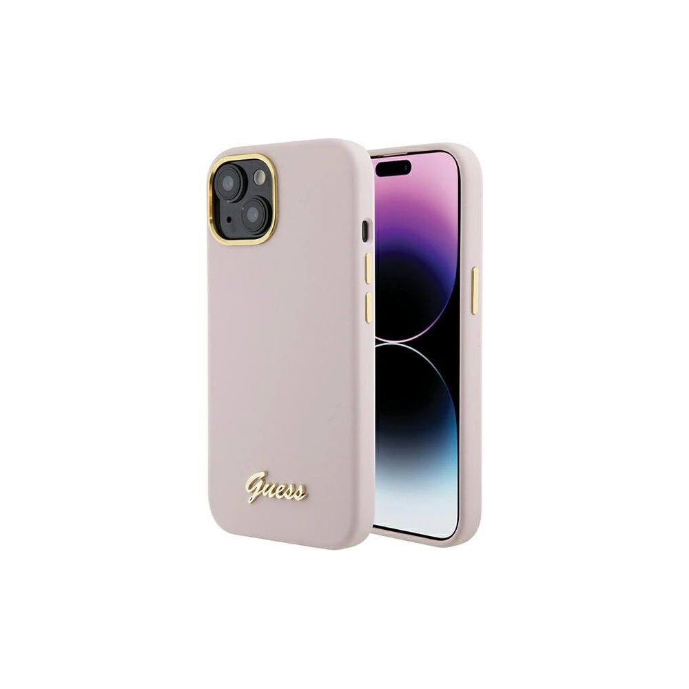 Etui Guess GUHCP15SSMBSLP Apple iPhone 15 hardcase Silicone Script Metal Logo & Frame różowy/pink