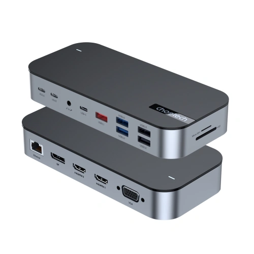 HUB Choetech M52 adapter USB-C / USB-C PD, USB-C, USB-A, HDMI, VGA, DP, SD, TF, RJ45, AUX szary