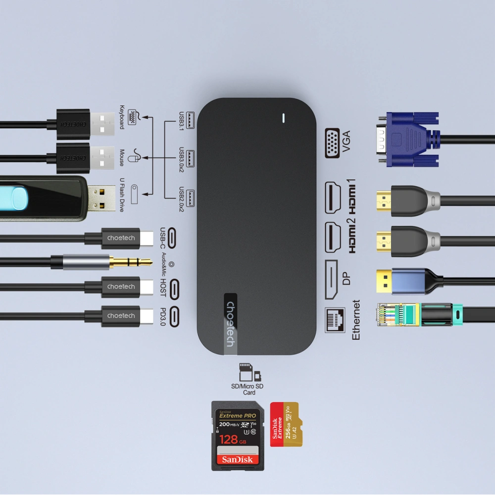 Hurtownia GSM - HUB Choetech M52 Adapter USB-C / USB-C PD, USB-C, USB-A, HDMI, VGA, DP, SD, TF, RJ45, AUX grau - CHT191 - {ean13} - Hurt