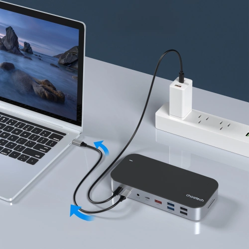 HUB Choetech M52 adapter USB-C / USB-C PD, USB-C, USB-A, HDMI, VGA, DP, SD, TF, RJ45, AUX szary