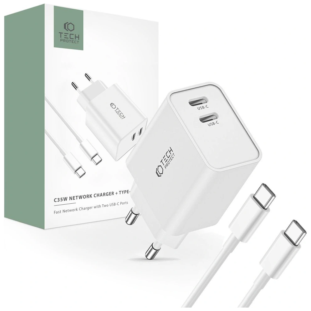 Hurtownia GSM - Încărcătorul de rețea Tech-Protect C35W, 2xUSB-C, PD, 35W + cablu USB-C alb - THP2361 - {ean13} - Hurt