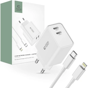 Hurtownia GSM - Síťová nabíječka Tech-Protect C35W, 2xUSB-C, PD, 35W + bílý lightning kabel - THP2362 - {ean13} - Hurt