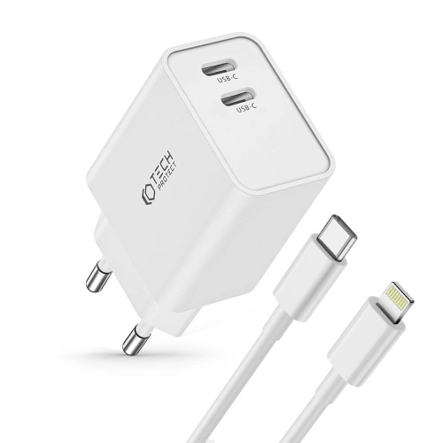 Ładowarka sieciowa Tech-Protect C35W, 2xUSB-C, PD, 35W + kabel lightning biała