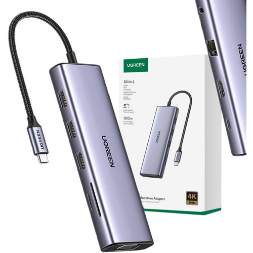 Ugreen Distributor - 6941876216017 - UGR1712 - UGREEN CM498 10in1 adapter USB-C / 3xUSB-A 3.0, HDMI, VGA, RJ45, SD/TF, AUX3.5mm, PD - B2B homescreen
