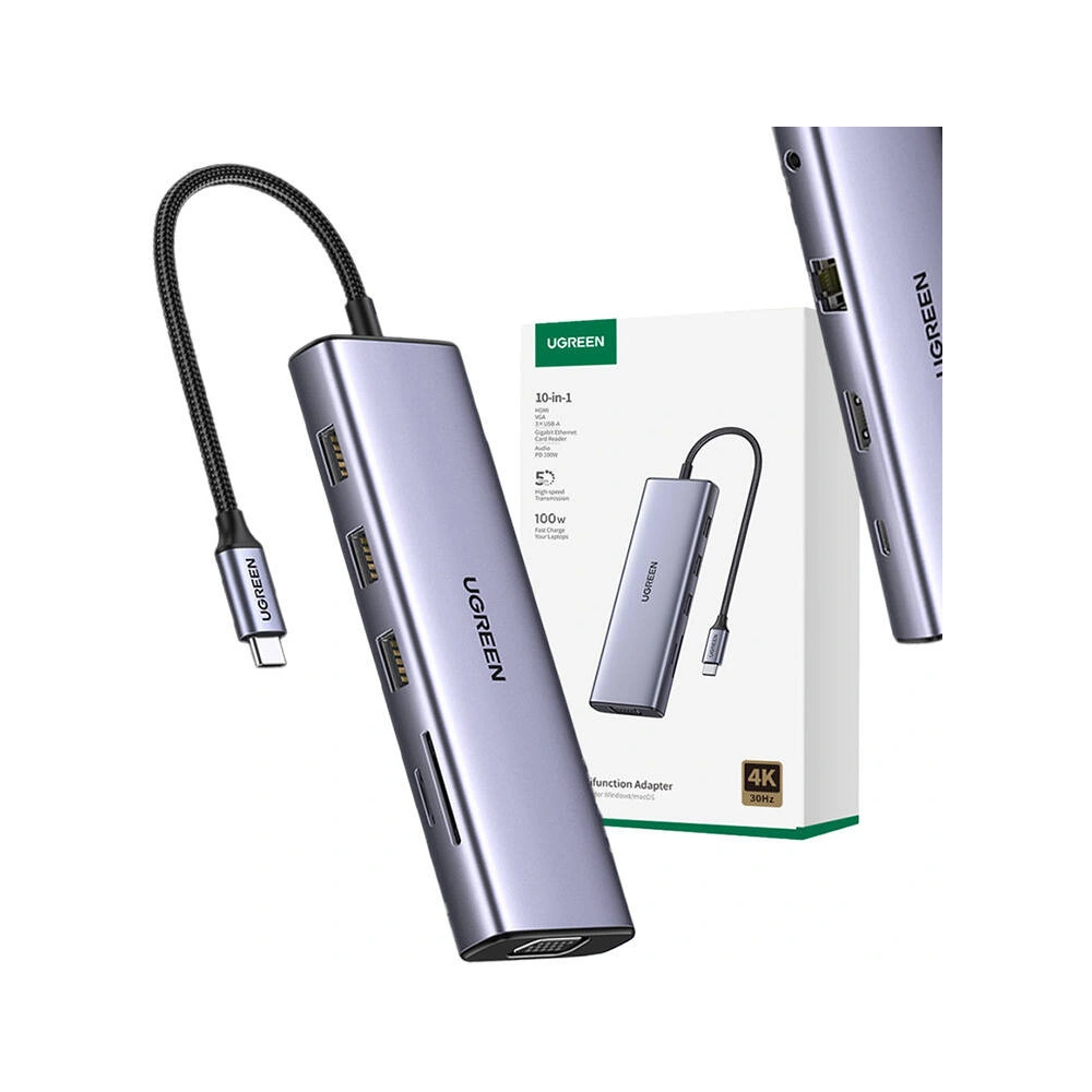 Hurtownia GSM - HUB UGREEN CM498 adaptér 10w1 USB-C / 3xUSB-A 3.0, HDMI, VGA, RJ45, SD/TF, AUX3.5mm, PD - UGR1712 - {ean13} - Hurt