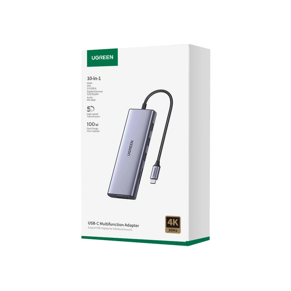 Hurtownia GSM - HUB UGREEN CM498 adaptér 10w1 USB-C / 3xUSB-A 3.0, HDMI, VGA, RJ45, SD/TF, AUX3.5mm, PD - UGR1712 - {ean13} - Hurt