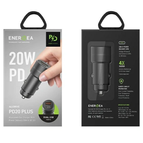 Ładowarka samochodowa ENERGEA Alu Drive PD20+ USB-A, USB-C, PD, QC 3.0, 38W szary/gunmetal 
